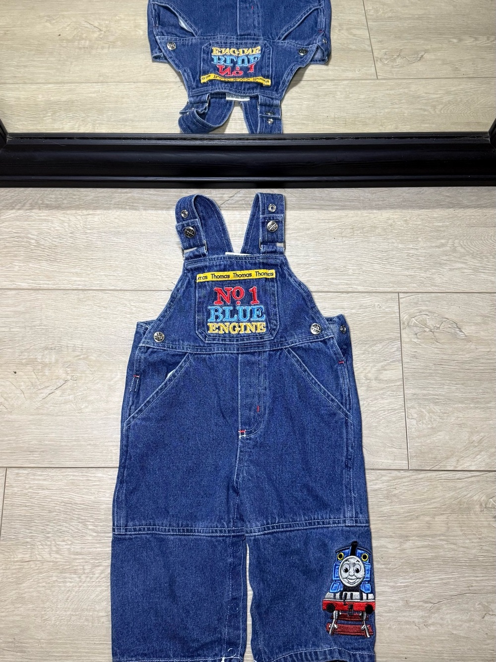 Y2K 2000s Thomas The Train Embroidered Toddlers No 1 Blue Engine Overall Romper